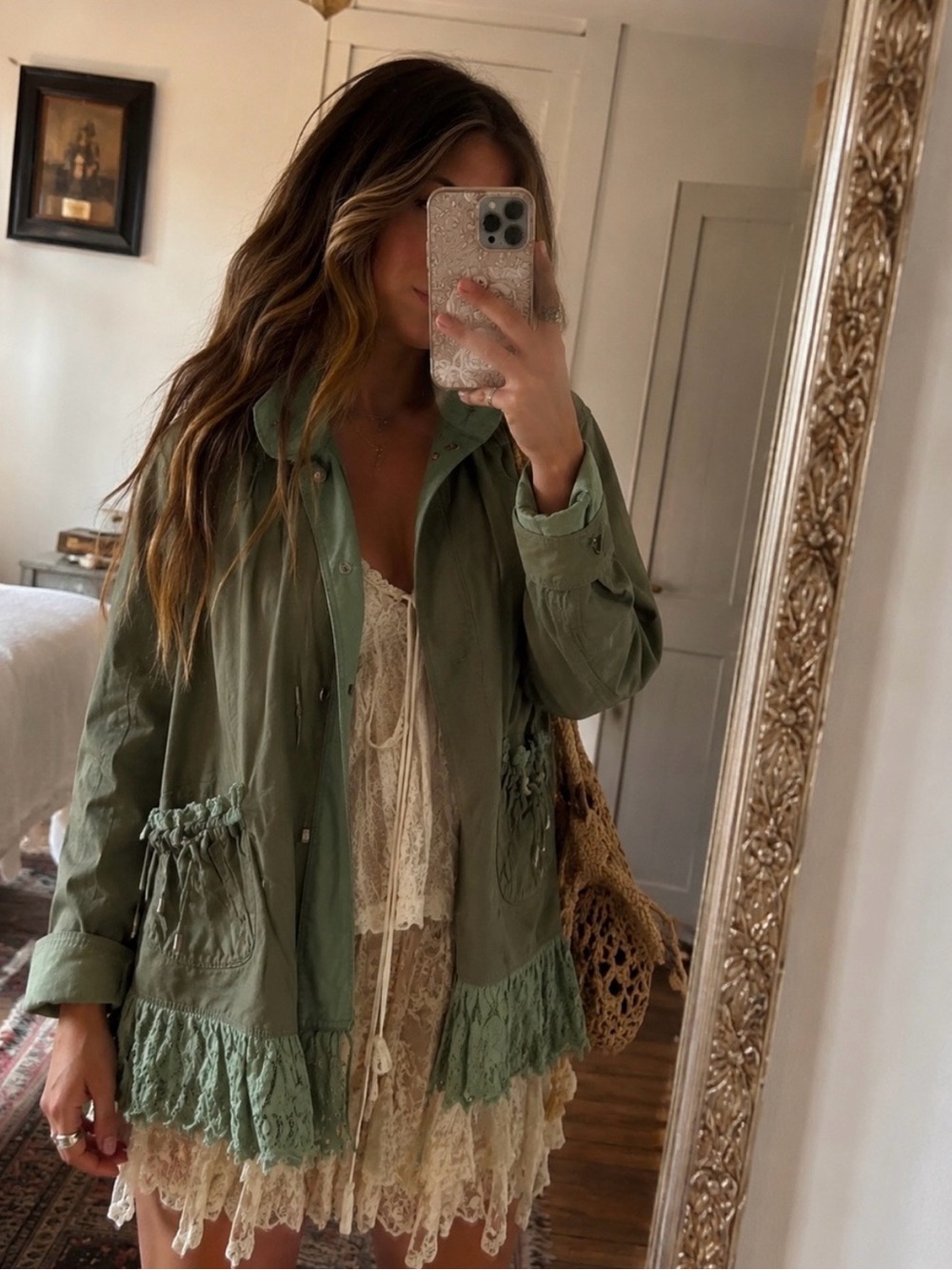 Free People Outset Green Lace-Trim Utility Jacket Size Large
